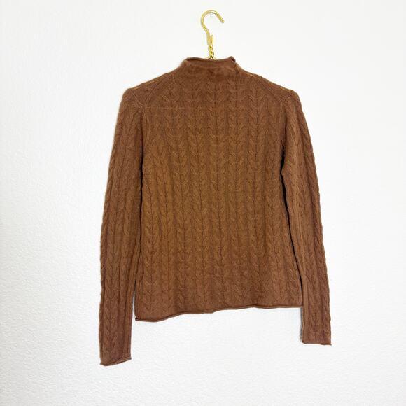 Theory Cable-Knit Mock Neck 100% Cashmere Sweater Size Medium Camel Tan Preppy - Picture 11 of 12